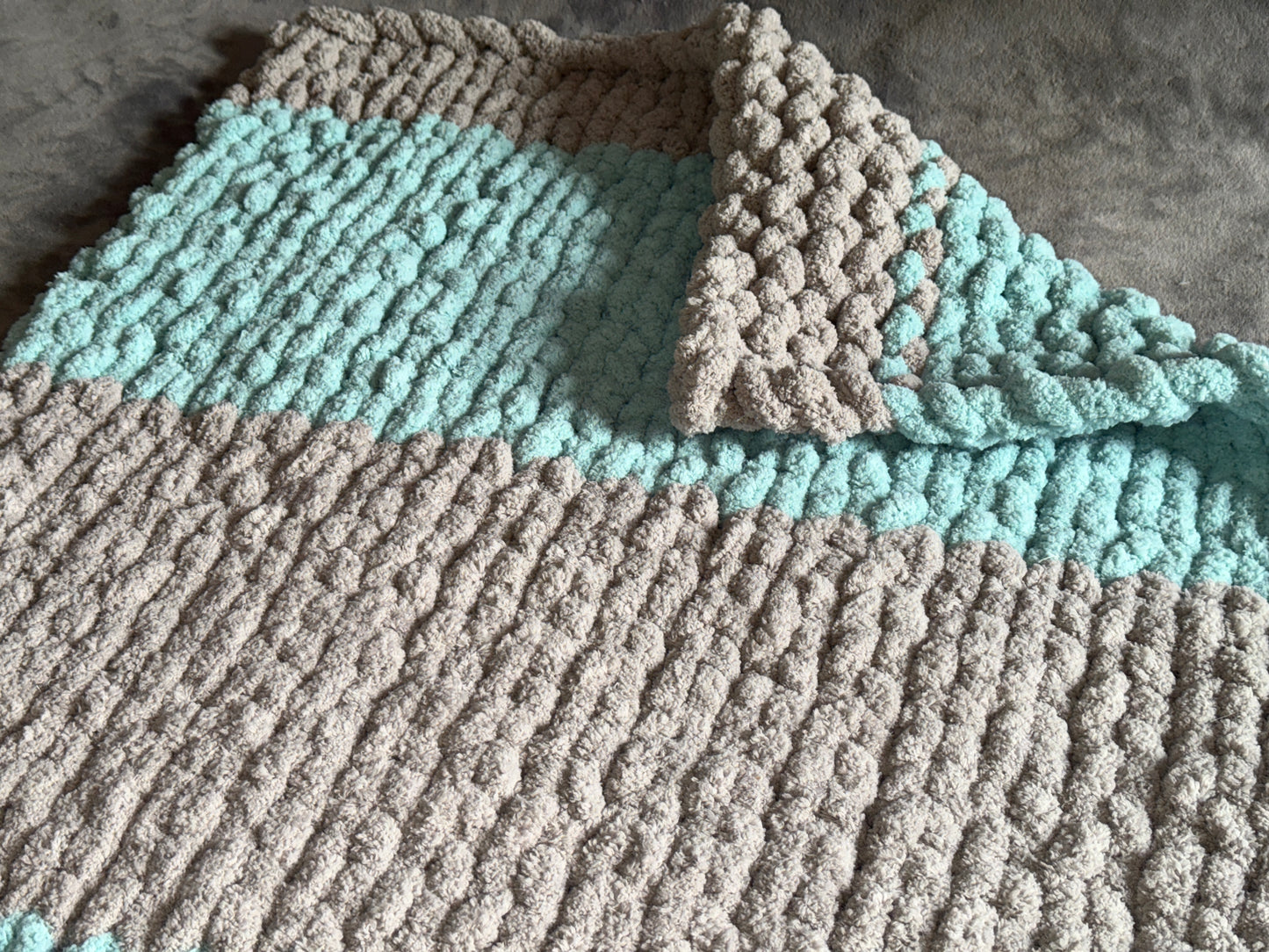 Handmade Sea-Blue & Grey  30" x 48" Tight-Knit Chunky Baby Blanket