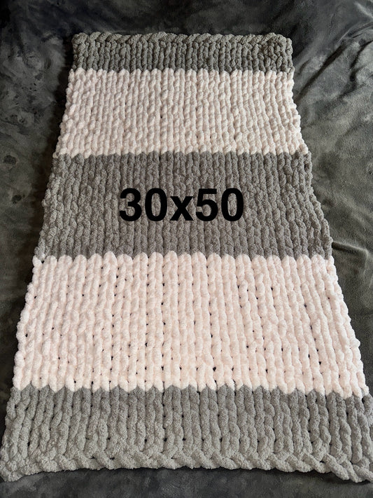 Handmade Pale Pink & Grey  30 x 50" Tight-Knit Chunky Baby Blanket